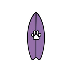 Purple Surfboard Paw Print Design. Vibrant lavender board featuring an adorable animal paw. This playful illustration evokes joyful summer days and pet friendly beach adventures.