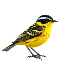 Naklejka premium Yellow-throated Warbler perched elegantly showcasing vibrant yellow and black plumage, detailed feathers, sharp beak, and striking eye features, isolated on transparent background, png
