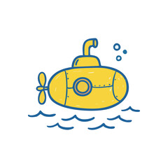 Cute Yellow Submarine Doodle. Playful hand-drawn underwater craft journeying through waves, symbolizing childhood adventure and exploration.
