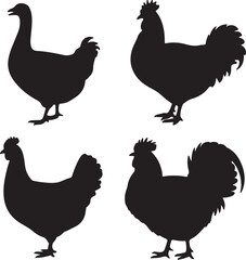 set of Goose, Chicken, Rooster, Turkey silhouette vector on white background