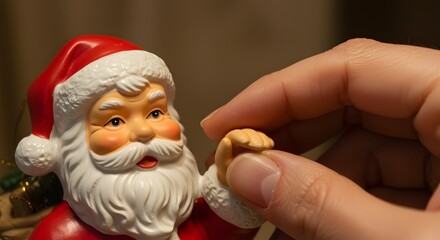 Obraz premium Close up of a hand adjusting a small festive Santa Claus decoration for Christmas