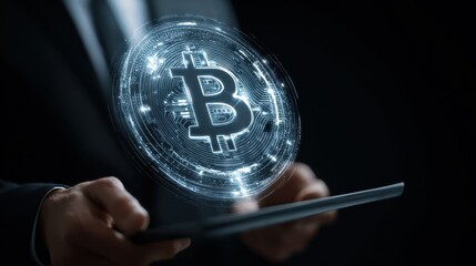 business cryptocurrency and future technology concept close up of businessman with transparent tablet pc computer and virtual bitcoin symbol hologram over black background no logos no brands ar 169