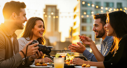 Happy friends dining at outdoor restaurant terrace during golden hour with photographer capturing moments. Social gathering features joyful people enjoying food, drinks, and conversation in warm