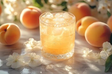 glass of peach soda, on a marble stone table, with peaches and flowers beside, beautiful sunlight and shadow, French romance