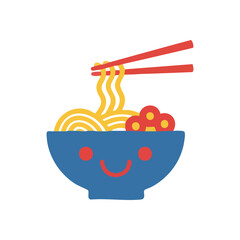 Happy Noodle Bowl with Chopsticks. This delightful graphic portrays an animated dish of Asian fare, complete with a smiling visage and utensils. It conveys joy and culinary comfort.