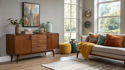 Stylish midcentury modern living room with sideboard, sofa, and decorative accents creating a warm and inviting space
