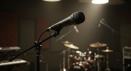 Studio Microphone in a Dark Recording Room, Focus on Sound.