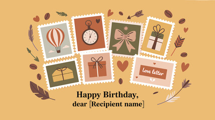 Send warm birthday wishes with this charming illustrated greeting, featuring vintage-style stamps, hearts, arrows and coffee beans for a heartfelt and unique celebration