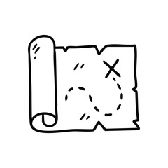 Rolled Pirate Treasure Map Outline. A detailed sketch of an ancient parchment chart, highlighting a dotted route to an exciting discovery. It symbolizes exploration, adventure, and hidden riches.