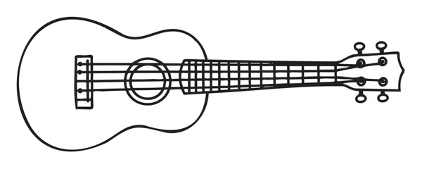 Black and white ukulele drawing with detailed strings and tuning pegs - stock vector