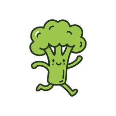 Jolly Broccoli Vegetable Mascot. This cute animated veggie illustration shows a delighted expression. It sprints with vigor, embodying freshness, vitality, and a wholesome diet.