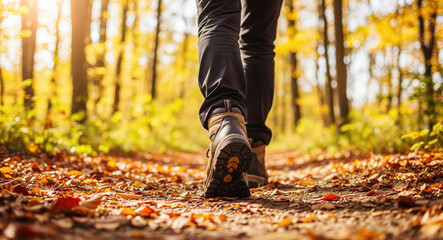 Hiking boots stepping on autumn trail covered with colorful fallen leaves. Of footwear walking through golden fall forest path with orange and red foliage scattered on ground.