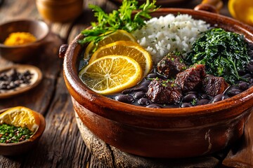 Delicious feijoada brazilian national dish with rice and greens high resolution photo