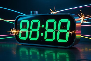 Digital clock displaying 00:00 with vibrant neon lights and sparking effects creating a futuristic, energetic countdown atmosphere