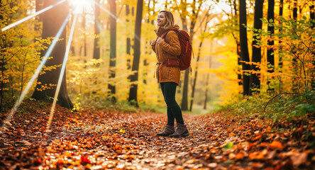 Happy woman hiker with backpack walking in golden autumn forest. Smiling blonde girl trekking through colorful fall foliage with warm sunlight streaming trees on woodland trail.