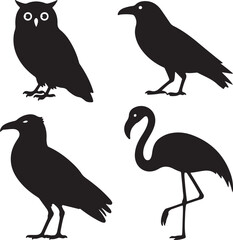 set of Owl, Crow, Raven, Flamingo silhouette vector on white background