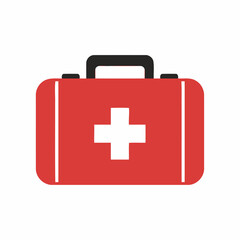 Obraz premium Red first aid kit with white cross and black handle on white background.