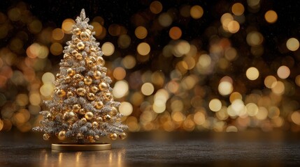 a golden christmas tree is adorned with lights and gold ornaments against a blurred backdrop of bokeh spheres that evoke a festive atmosphere the tree stands in the center against a dark background