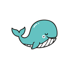 Happy Blue Whale Cartoon Illustration. This cheerful aqua cetacean graphic exudes pure joy. A sweet hand drawn ocean friend, perfect for kids and marine themes.