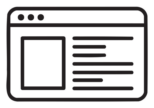 Minimalist line art of a webpage layout with text and image placeholder - stock vector