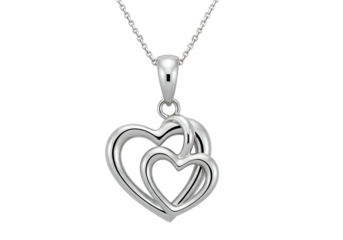 Elegant sterling silver double heart pendant necklace symbolizing enduring love and romance sparkling with refined detail. isolated on transparent background