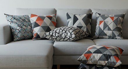 Stylish Array of Geometric and Abstract Patterned Pillows on a Modern Light Gray Sofa.