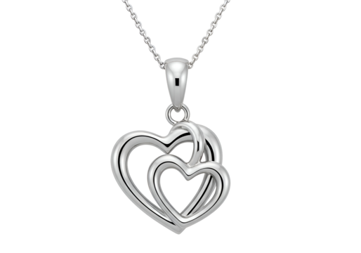 Elegant sterling silver double heart pendant necklace symbolizing enduring love and romance sparkling with refined detail. isolated on transparent background