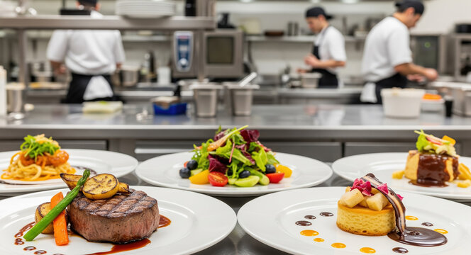 Professional restaurant kitchen with gourmet plated dishes ready for service. Fine dining cuisine featuring steak, fresh salad, and dessert prepared by culinary team in commercial environment. - Powered by Adobe