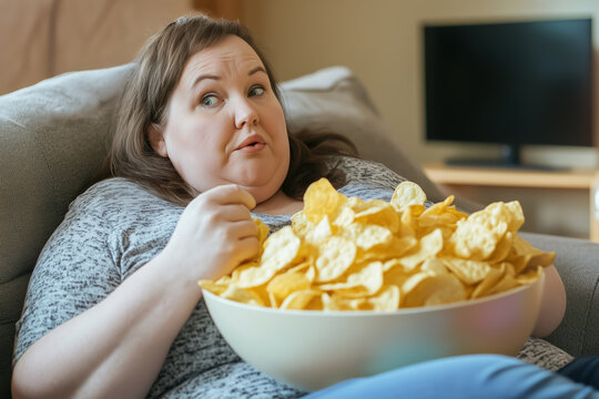 Overweight woman about to eat chips from a big bowl in her living room on the couch and watching TV, compulsive overeating concept.