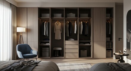 Stylish Bedroom with Integrated Open Wardrobe, Elegant Armchair, and Warm Natural Light.