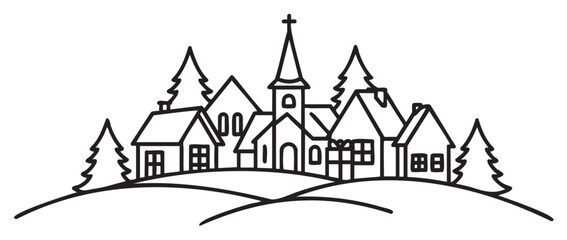 Obraz premium Small village church with surrounding houses and pine trees outline drawing - stock vector
