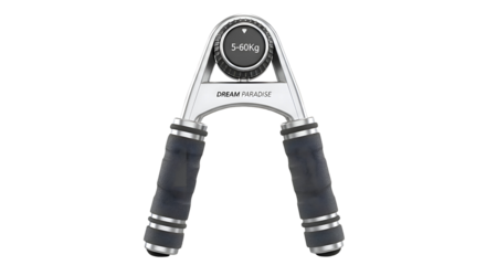 Close-up view of a sturdy metallic hand grip strengthener with textured handles isolated on a dark studio backdrop for fitness. isolated on transparent background