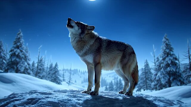 Lone Wolf Howling at Full Moon in Snowy Forest Winter Wilderness Wildlife Nature Stock Video