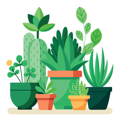 Create a colorful illustration of different potted indoor plants with various shapes, sizes, and leaves