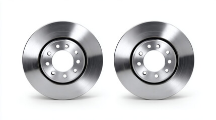 Front view symmetrical pair of shiny metal brake disc for car automotive part. New vehicle component for safety and repair isolated on white background, evoking reliability