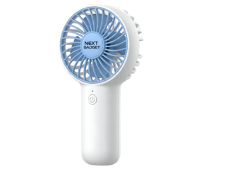 Compact white handheld portable fan with blue led lights for personal cooling on the go isolated on transparent background