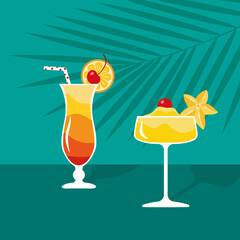 Alcoholic cocktails garnished with cherries and star fruit. Vector illustration.