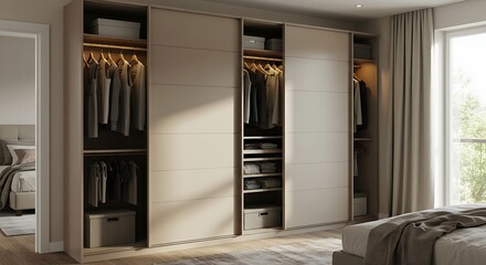 Stylish Bedroom with Open Sliding Wardrobe, Organized Clothes, and Warm Interior Lighting.