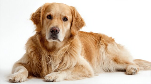A golden retriever rests on a white surface displaying a calm demeanor and friendly eyes. The dogs fluffy fur shines softly in the light creating a warm atmosphere.