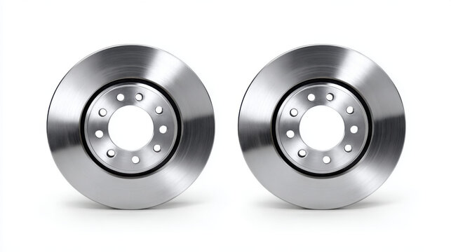 Front view symmetrical pair of shiny metal brake disc for car automotive part. New vehicle component for safety and repair isolated on white background, evoking reliability