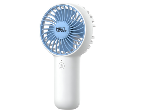 Compact white handheld portable fan with blue led lights for personal cooling on the go isolated on transparent background
