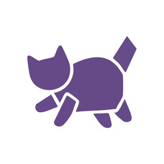 Playful Amethyst Feline Icon. A whimsical violet pussycat emblem, perfect for designs requiring a touch of domestic animal charm. Its gentle contour evokes a friendly spirit.