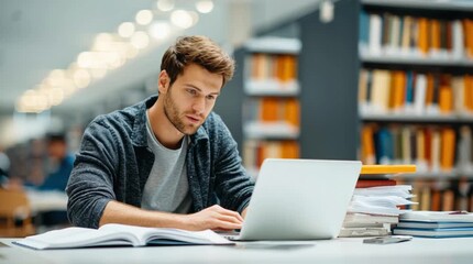Focused student studying in library digital learning environment academic research quiet atmosphere close-up view concentration - Powered by Adobe
