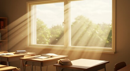 Sunbeams illuminate empty classroom desks, evoking nostalgia and quiet contemplation.