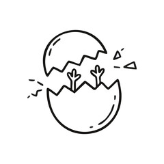 Baby Chicks Hatching Doodle Icon. A delightful outline graphic shows young birds emerging from a shattered shell. It symbolizes fresh starts, growth, potential, and the awakening of new ideas.
