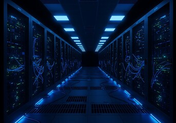 Fototapeta premium A perspective view of a server room, showcasing rows of data storage equipment.