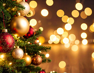 Fototapeta premium Close-up of a festive Christmas tree adorned with gold and red ornaments, set against a blurred background of warm, glowing bokeh lights and copy space.