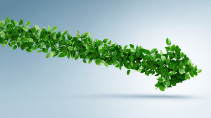 Green leaf arrow symbolizes downward trend, representing concerning financial decrease, economic recession, or environmental decline. This concept shows drop and failure