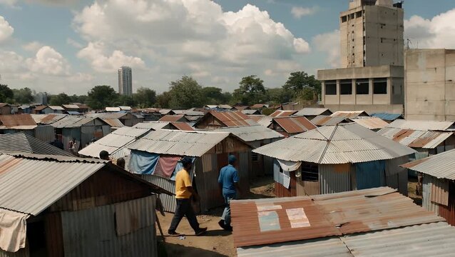 Perspective of makeshift housing structures with metal roofing located in densely populated informal settlement within major urban center in African region