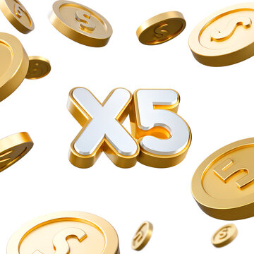 Bonus x5 or 5x cashback on isolated background. Financial payment or prize concept. Check banner special offer template. Casino, bet, lottery, online or mobile game bonus. 5X or X5 reward points. 